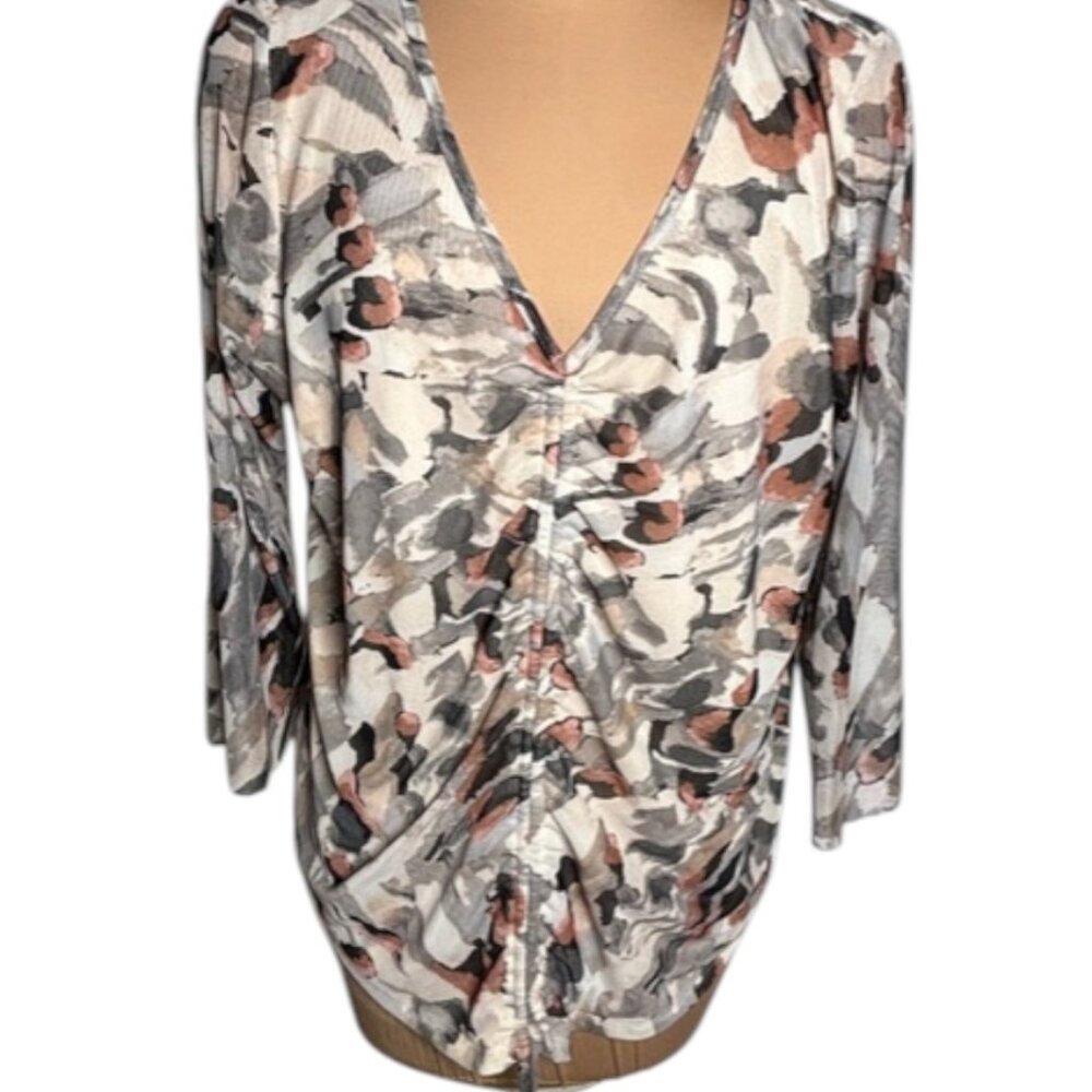 Cyrus Ruched Mesh Floral V-Neck Blouse 3/4 Sleeve Drawstring Top XL - Picture 2 of 7